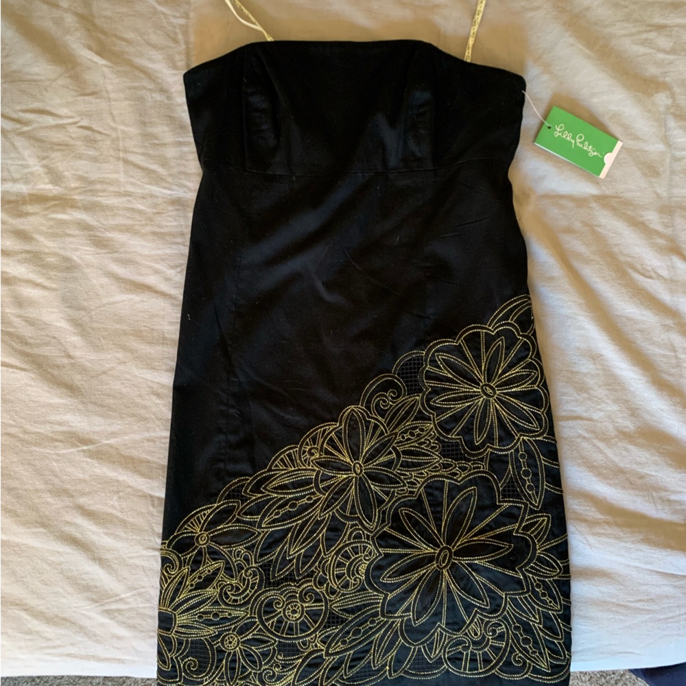 Lilly Pulitzer Black Strapless Dress with Gold Embroidery